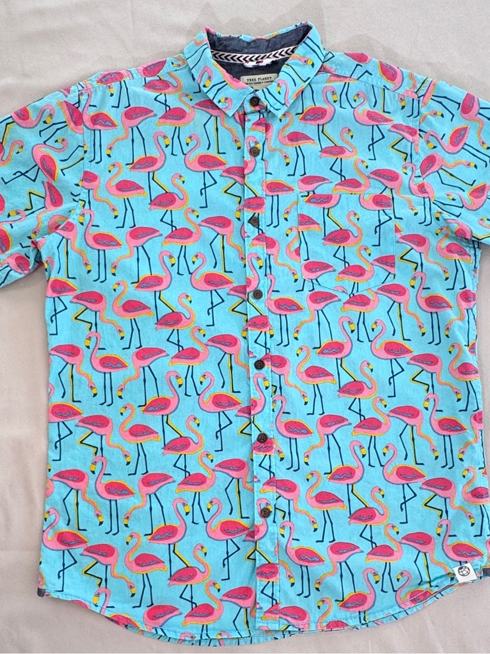 Men’s Free Planet Short-Sleeve Button-Down in Bright Blue with Pink Flamingos